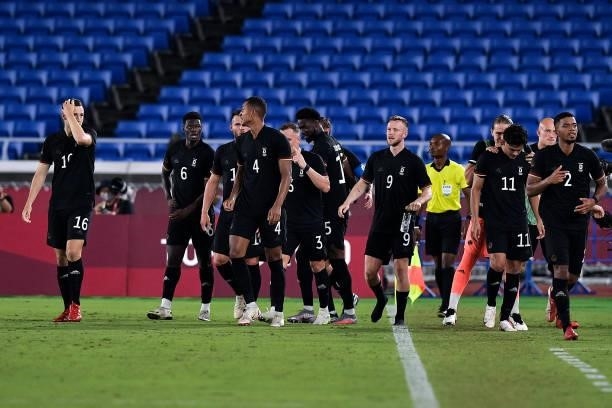 Felix Uduokhai celebrates with his team mates after scoring his sides third goal during the Tokyo 2020 Olympic Mens Football Tournament match between...