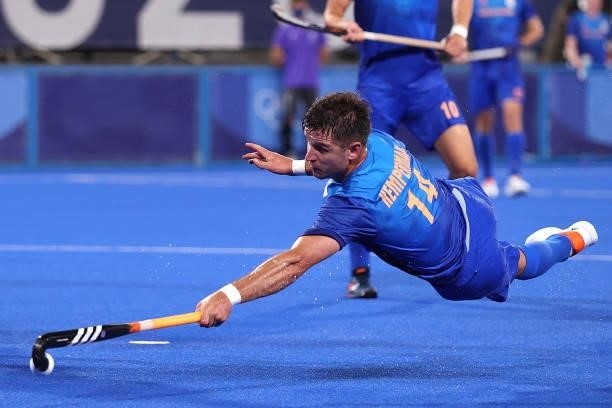 Robbert Kemperman of Team Netherlands dives to make a shot on goal and misses during the Men's Preliminary Pool B match between South Africa and the...