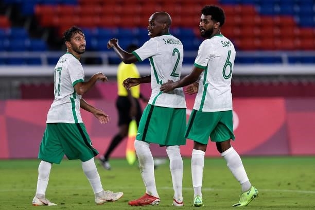 Saud Abdulhamid of Saudi Arabia celebrates after scoring his sides second goal during the Tokyo 2020 Olympic Mens Football Tournament match between...