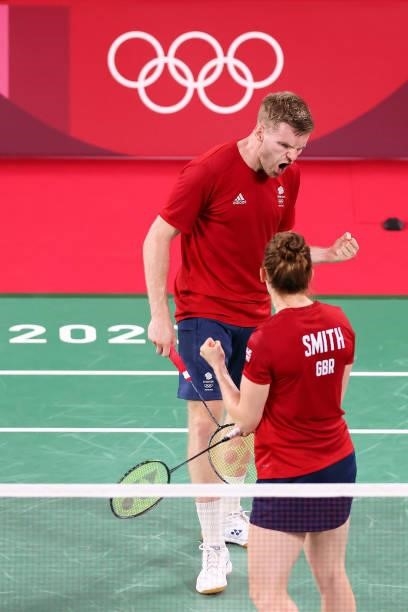 Ellis Marcus and Lauren Smith of Team Great Britain react as they compete against Joshua Hurlburt-Yu and Josephine Wu of Team Canada during a Mixed...