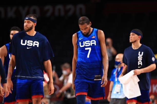Kevin Durant and JaVale McGee of Team United States walk off the court after the United States lost to France in the Men's Preliminary Round Group B...