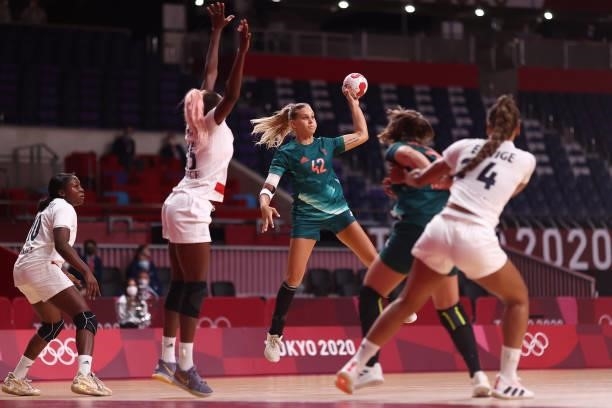 Katrin Gitta Klujber of Team Hungary passes the ball during the Women's Preliminary Round Group B match between Hungary and France on day two of the...