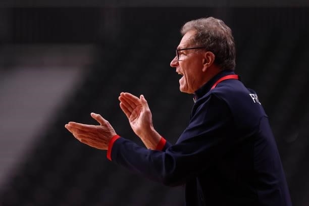 Olivier Krumbholz, coach of Team France gestures during the Women's Preliminary Round Group B match between Hungary and France on day two of the...