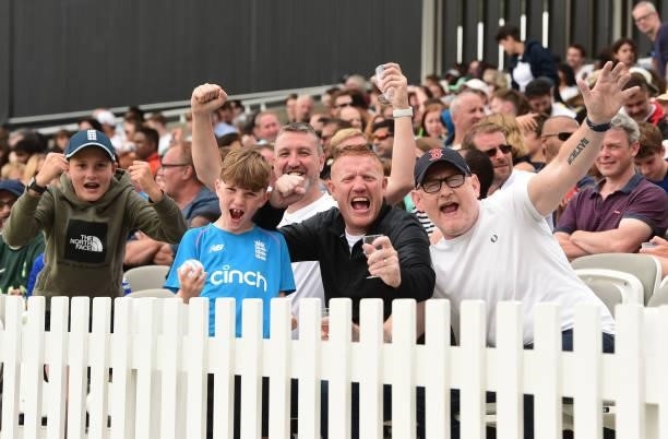 Fans celebrate during the London Spirit Women v the Oval Invincibles Women at Lord's Cricket Ground on July 25, 2021 in London, England.