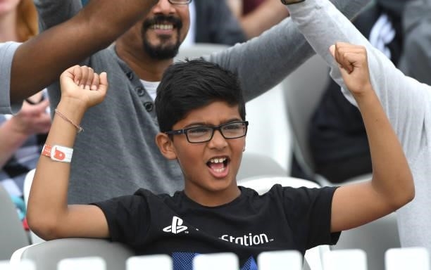 Fans celebrate during the London Spirit Women v the Oval Invincibles Women at Lord's Cricket Ground on July 25, 2021 in London, England.
