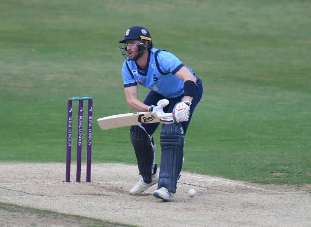 Ben Curren of Northamptonshire bats during the Royal London Cup match between Northamptonshire and Glamorgan at The County Ground on July 25, 2021 in...