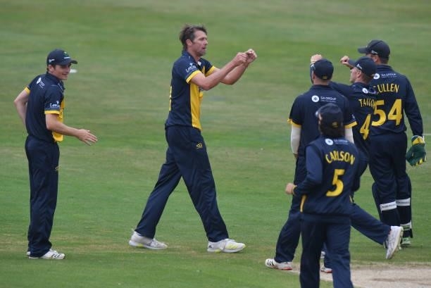 Michael Hogan of Glamorgan celebrates taking the wicket of Rob Keogh of Northamptonshire during the Royal London Cup match between Northamptonshire...