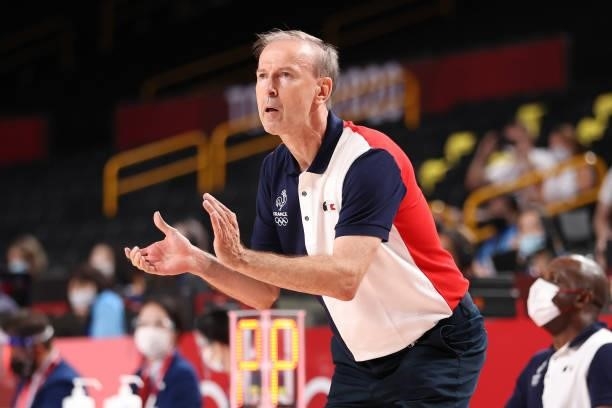 Head Coach Vincent Collet of Team France cheers on his team during the second half of their Men's Preliminary Round Group B game against the United...
