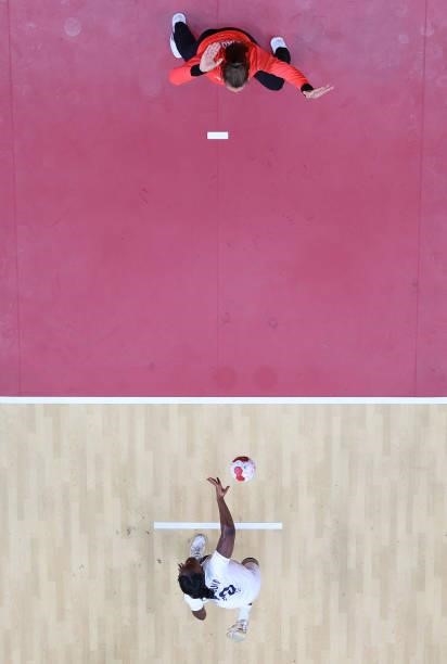 Grace Zaadi Deuna of Team France takes a penalty during the Women's Preliminary Round Group B match between Hungary and France on day two of the...