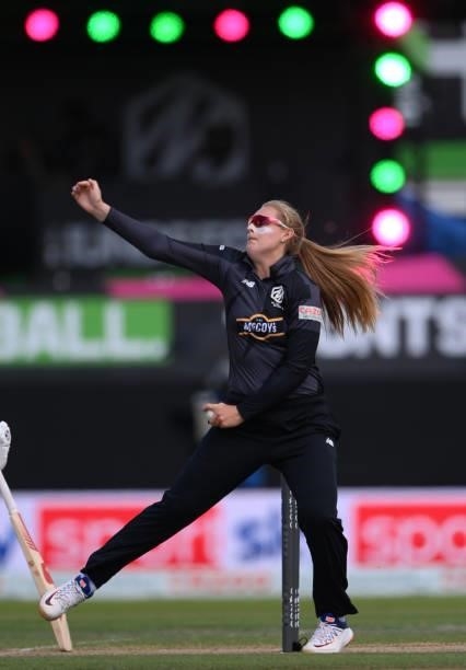 Originals bowler Sophie Ecclestone in action during the Hundred match between Manchester Originals and Birmingham Phoenix at Emirates Old Trafford on...