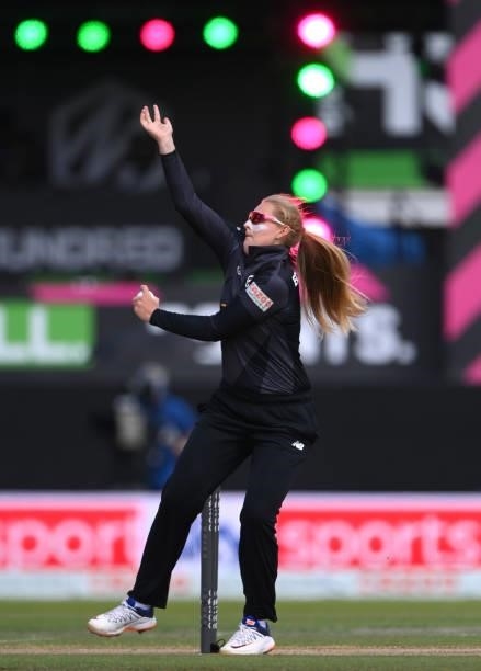Originals bowler Sophie Ecclestone in action during the Hundred match between Manchester Originals and Birmingham Phoenix at Emirates Old Trafford on...