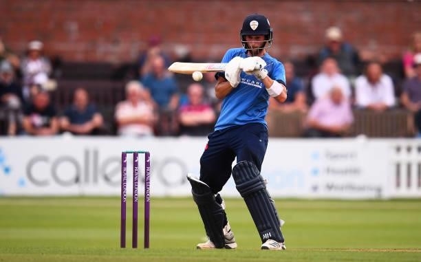 Fynn Hudson-Prentice of Derbyshire plays a shot during the Royal London One Day Cup match between Somerset and Derbyshire at The Cooper Associates...