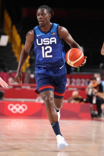 Jrue Holiday of Team United States brings the ball up the court against Team France during the second half of the Men's Preliminary Round Group B...