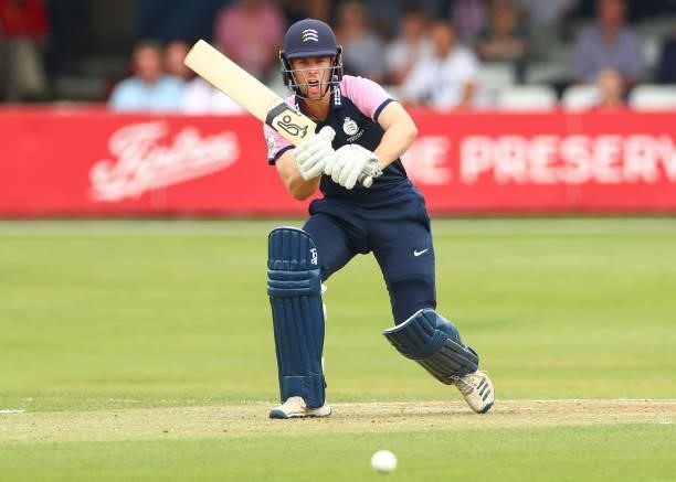 Robbie White of Middlesex bats during the Royal London Cup match between Essex and Middlesex at Cloudfm County Ground on July 25, 2021 in Chelmsford,...