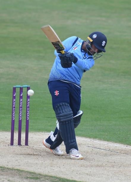 Saif Zaib of Northamptonshire bats during the Royal London Cup match between Northamptonshire and Glamorgan at The County Ground on July 25, 2021 in...