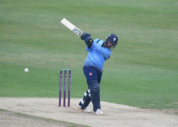 Saif Zaib of Northamptonshire bats during the Royal London Cup match between Northamptonshire and Glamorgan at The County Ground on July 25, 2021 in...