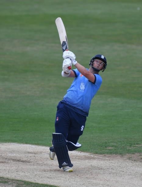 Ben Curren of Northamptonshire bats during the Royal London Cup match between Northamptonshire and Glamorgan at The County Ground on July 25, 2021 in...