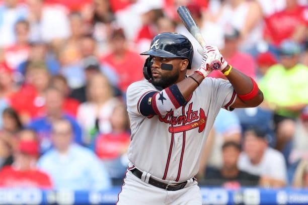 Abraham Almonte of the Atlanta Braves in action against the Philadelphia Phillies during a game at Citizens Bank Park on July 24, 2021 in...