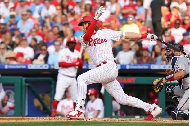 Alec Bohm of the Philadelphia Phillies in action against the Atlanta Braves during a game at Citizens Bank Park on July 24, 2021 in Philadelphia,...