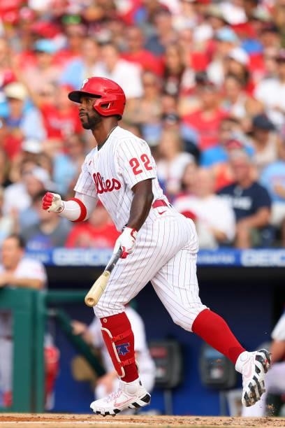 Andrew McCutchen of the Philadelphia Phillies in action against the Atlanta Braves during a game at Citizens Bank Park on July 24, 2021 in...
