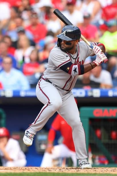 Abraham Almonte of the Atlanta Braves in action against the Philadelphia Phillies during a game at Citizens Bank Park on July 24, 2021 in...
