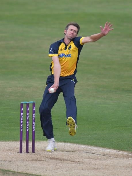 Michael Hogan of Glamorgan bowls during the Royal London Cup match between Northamptonshire and Glamorgan at The County Ground on July 25, 2021 in...