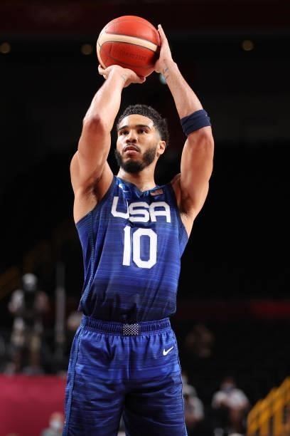 Jayson Tatum of Team United States attempts a freethrow against Team France during the first half of the Men's Preliminary Round Group B game on day...