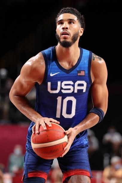 Jayson Tatum of Team United States prepares to attempt a freethrow against Team France during the first half of the Men's Preliminary Round Group B...