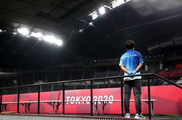 Member of staff looks on prior to during the Men's First Round Group C match between Egypt and Argentina on day two of the Tokyo 2020 Olympic Games...