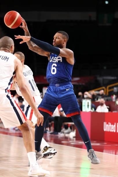 Damian Lillard of Team United States passes the ball against Team France during the first half of the Men's Preliminary Round Group B game on day two...