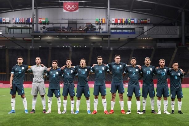 Players of Team Argentina stand for the national anthem prior to the Men's First Round Group C match between Egypt and Argentina on day two of the...