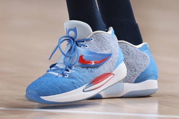 Detail photograph of the shoes of Kevin Durant of Team United States during the first half of the Men's Preliminary Round Group B game on day two of...