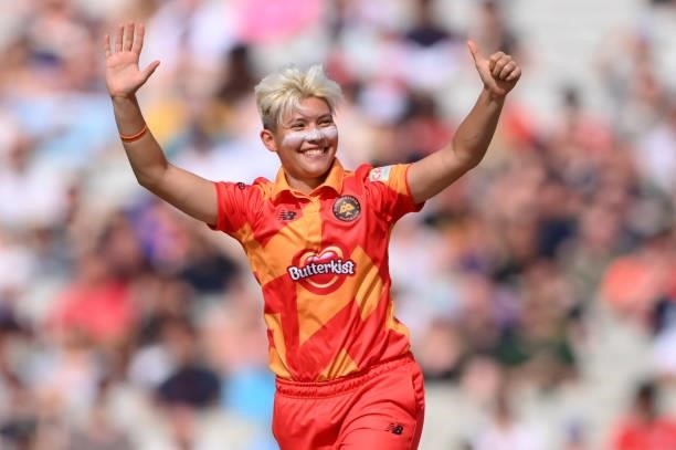 Issy Wong of the Phoenix celebrates a wicket during the Hundred match between Manchester Originals and Birmingham Phoenix at Emirates Old Trafford on...