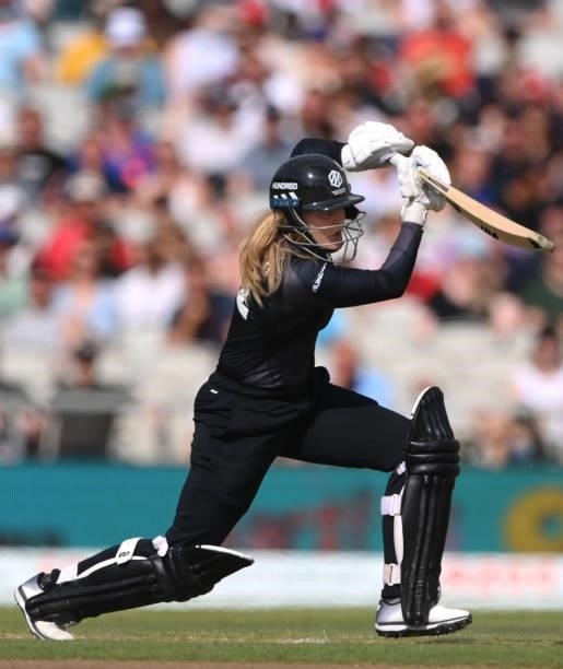 Originals batter Eleanor Threlkeld hits out during the Hundred match between Manchester Originals and Birmingham Phoenix at Emirates Old Trafford on...