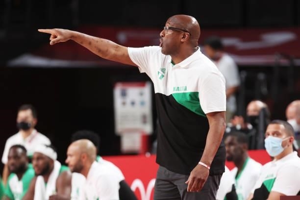 Head Coach Mike Brown of Team Nigeria signals to his team during their game against Team Australis in Men's Preliminary Round Group B action on day...