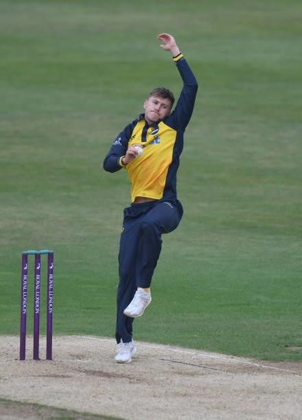 Callum Taylor of Glamorgan bowls during the Royal London Cup match between Northamptonshire and Glamorgan at The County Ground on July 25, 2021 in...