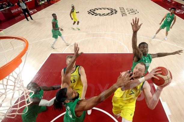 Joe Ingles of Team Australia drives to the basket against Team Nigeria during the 1st half of the Men's Preliminary Round Group B game on day two of...