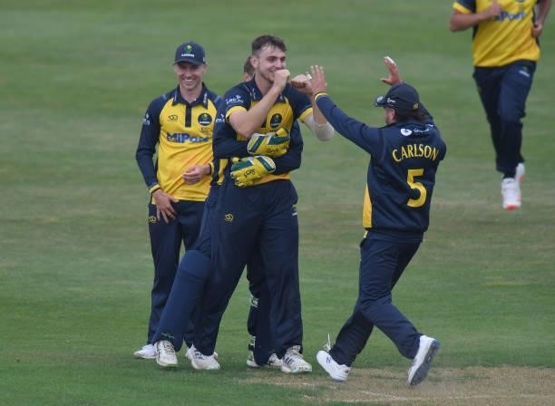 Joe Cooke of Glamorgan celebrates taking the wicket of Wayne Parnell of Northamptonshire during the Royal London Cup match between Northamptonshire...