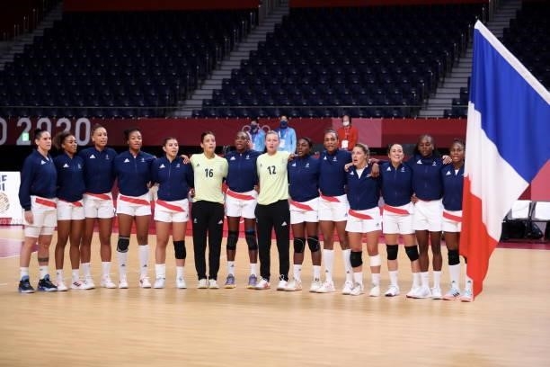 Players of France pose before the match between France and Hungary on day two of the Tokyo 2020 Olympic Games at Yoyogi National Stadium on July 25,...