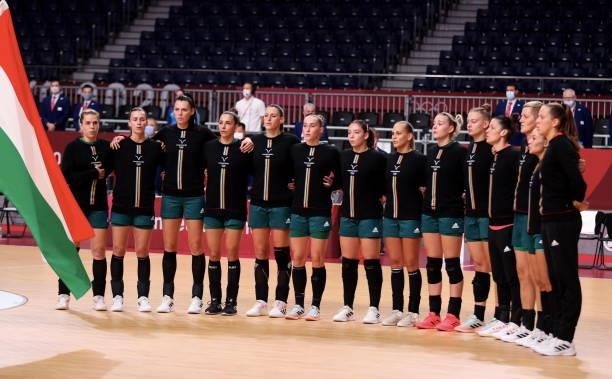 Players of Hungary pose before the match between France and Hungary on day two of the Tokyo 2020 Olympic Games at Yoyogi National Stadium on July 25,...
