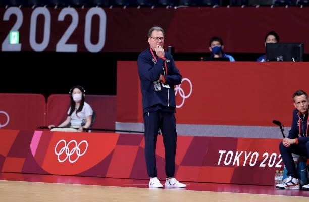 Head coach Olivier Krumbholz of France reacts during the match between France and Hungary on day two of the Tokyo 2020 Olympic Games at Yoyogi...