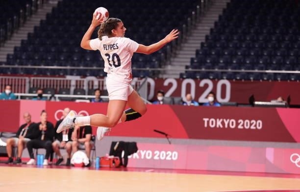 Laura Flippes of France in action during the match between France and Hungary on day two of the Tokyo 2020 Olympic Games at Yoyogi National Stadium...