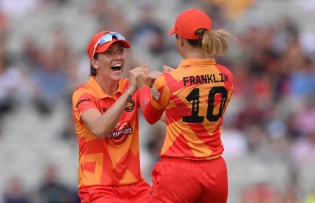 Phoenix sub fielder P A Franklin is congratulated by Emily Arlott after taking the catch to dismiss Lizelle Lee during the Hundred match between...