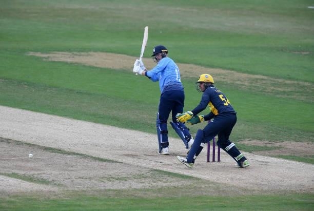 Tom Taylor of Northamptonshire bats during the Royal London Cup match between Northamptonshire and Glamorgan at The County Ground on July 25, 2021 in...