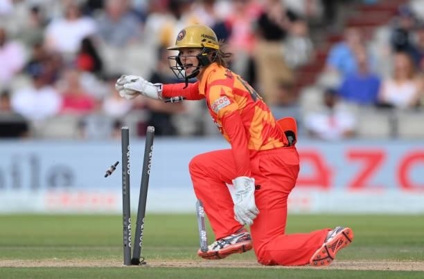Phoenix wicketkeeper Amy Jones stumps Originals batter Kate Cross during the Hundred match between Manchester Originals and Birmingham Phoenix at...