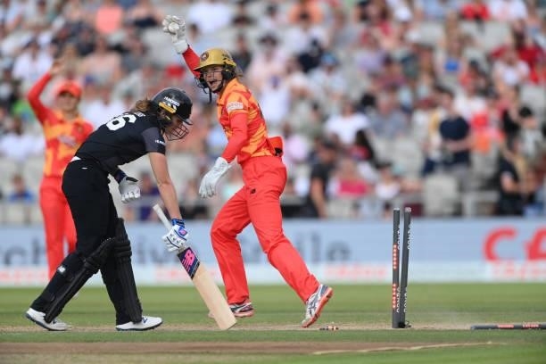 Phoenix wicketkeeper Amy Jones stumps Originals batter Kate Cross during the Hundred match between Manchester Originals and Birmingham Phoenix at...