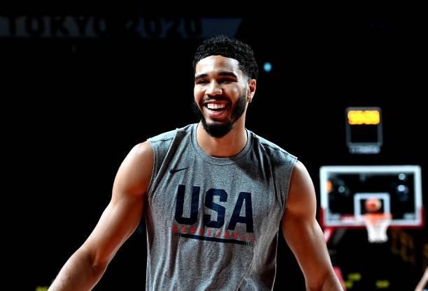 Jayson Tatum of the USA is seen during the warm-up before the preliminary rounds of the Men's Basketball match between the USA and France on day two...