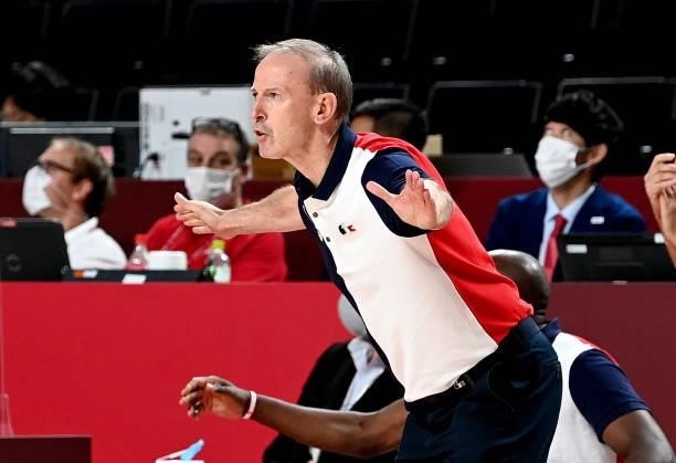 Coach Vincent Collet of France calls out to his players during the preliminary rounds of the Men's Basketball match between the USA and France on day...