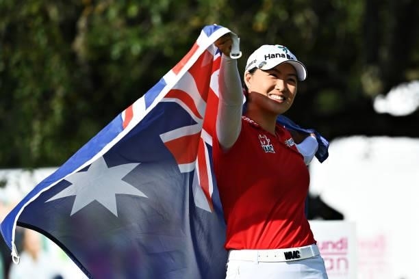 Tournament winner Minjee Lee of Australia celebrates during day four of the The Amundi Evian Championship at Evian Resort Golf Club on July 25, 2021...