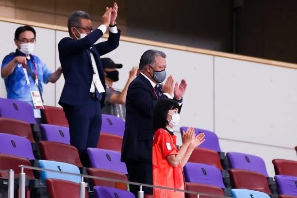 President Tajima Kozo during the Men's First Round Group A match on day two of the Tokyo 2020 Olympic Games at Saitama Stadium on July 25, 2021 in...
